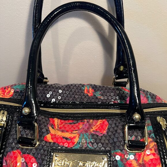Like New Betsey Johnson Black Floral Sequin Satchel/Crossbody Bag - Picture 3 of 14
